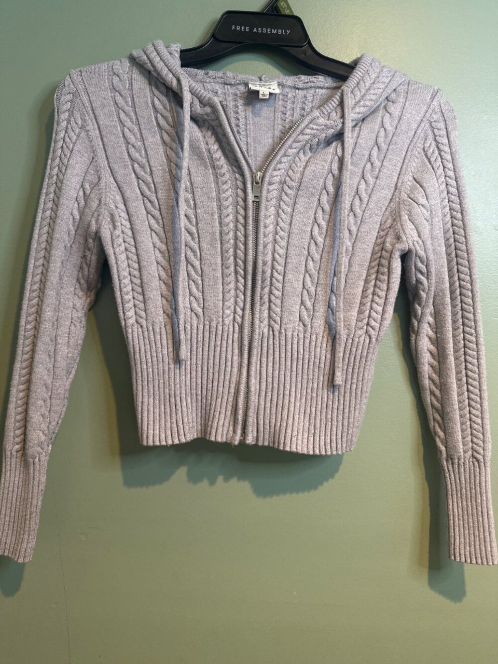 Vine and Valley Gray Cable Knit Zip Hoodie Sweater Women's L Cropped Cozy